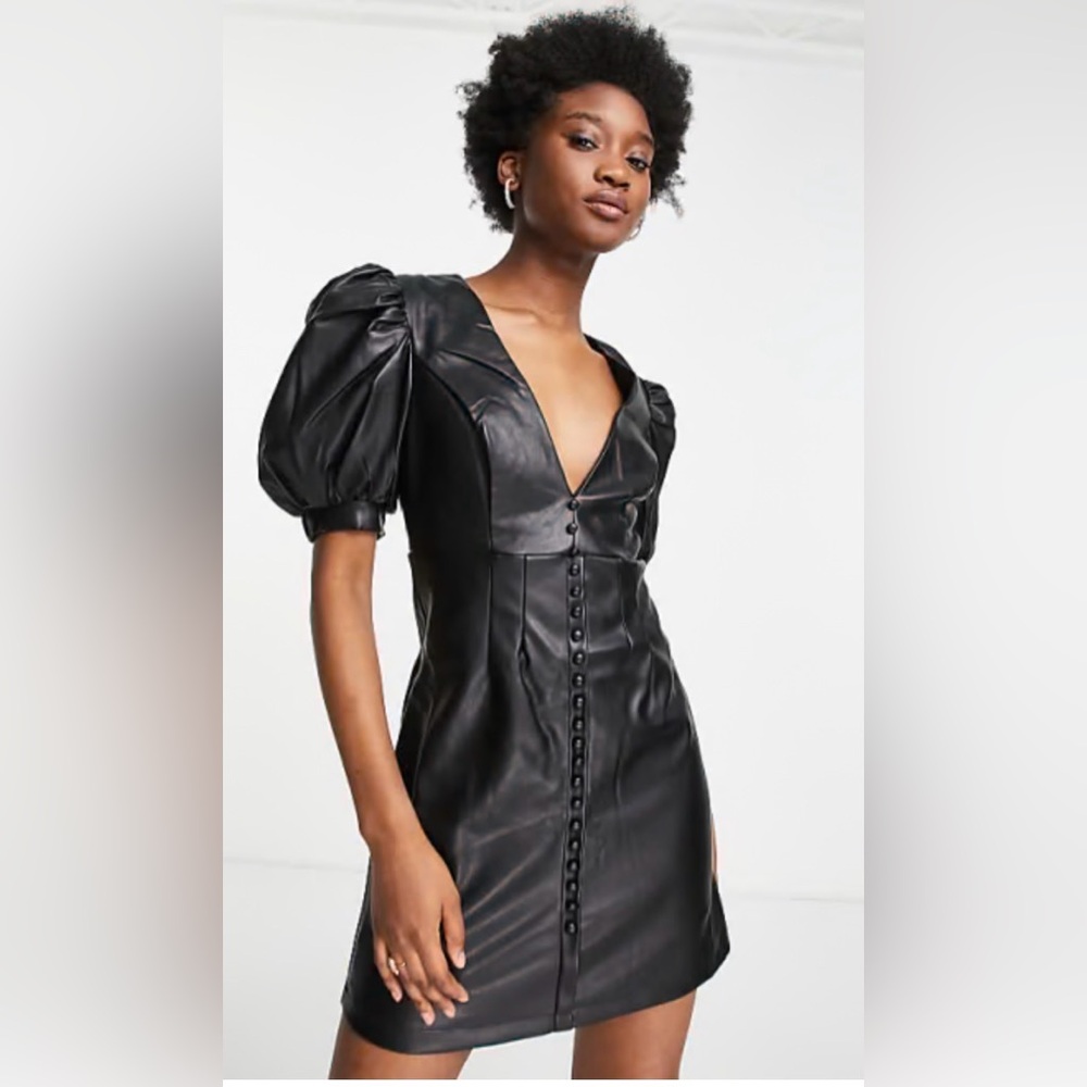 Bardot Black Leatherette Dress with Puff Sleeves and front buttons NWT